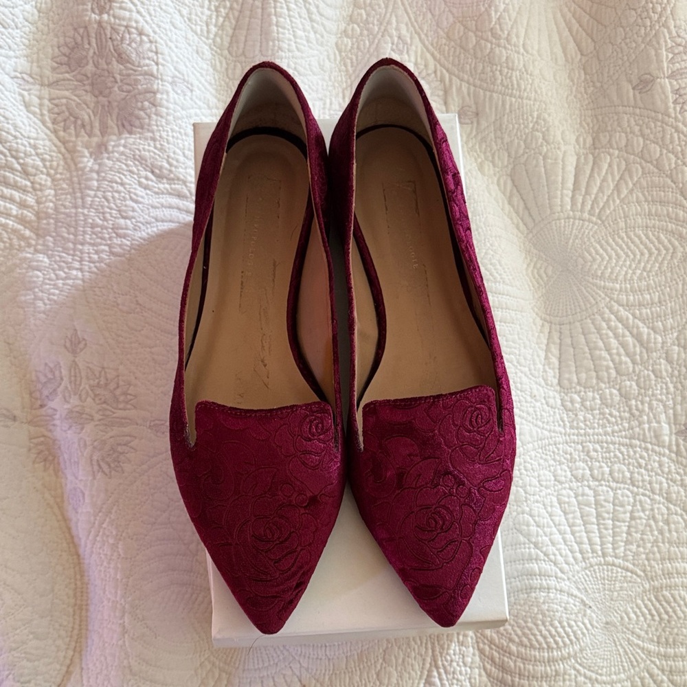 Anthropologie Floral Burgundy Velvet Flats
